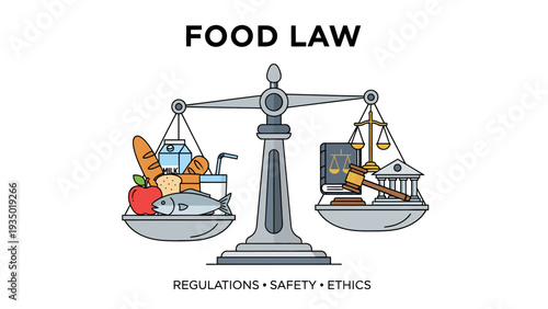 Food Law Concept Illustration with Balance Scales Weighing Groceries Against Legal Symbols.