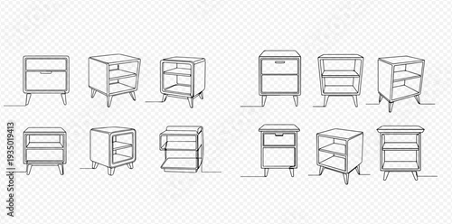 Continuous line drawing of bedside tables, nightstands, and sideboards. Set of furniture with drawers and shelves in one line art style.