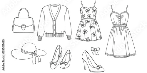 Flat vector illustration of women’s fashion items, handbag cardigan dresses hat shoes bows, stylish clothing design, feminine fashion ensemble artwork