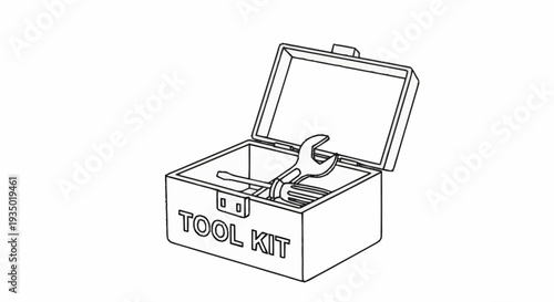Simple line drawing of an open tool kit box with wrench inside.