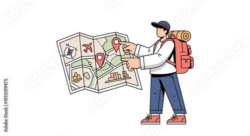 Backpacker man character planning a trip or vacation looking at a large paper map with location pins.