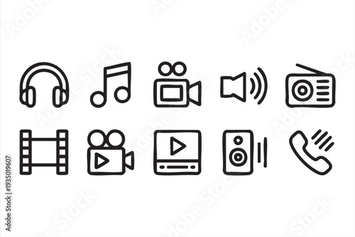 Media audio and video line icon set for multimedia and streaming interfaces