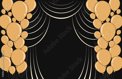 Elegant Black Stage with Golden Balloons and Curtains Background
