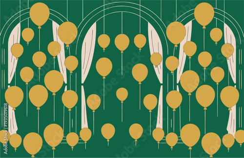 Festive Green Stage Background with Golden Balloons and Arched Curtains