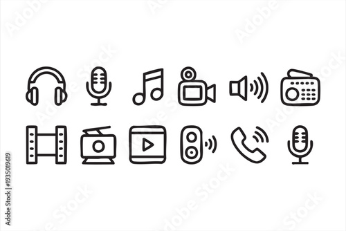 Audio and video technology line icons for UI and content platforms