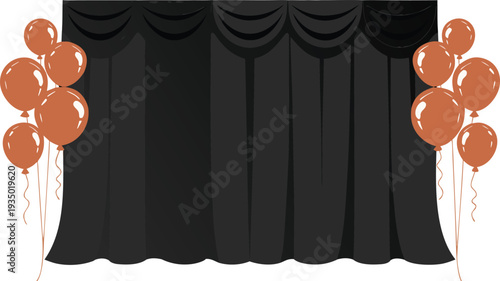 Black Stage Curtains with Copper Balloon Clusters on White Background
