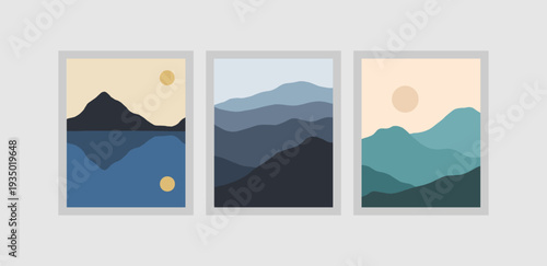 Hills with autumn concept, nature scenery collection, autumn season mountain wall art with flat style in vector illustration river.