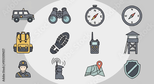 Collection of icons representing outdoor adventure and security.
