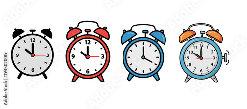 Set of Four Alarm Clock Illustrations in Black, Red, and Blue Color Variations