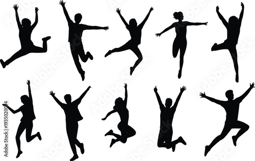 Jumping people silhouettes collection happy men and women jumping celebrating success vector set isolated on white background freedom