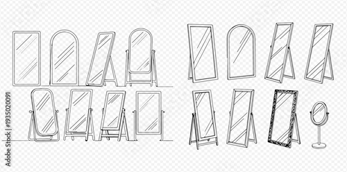 Set of hand-drawn doodle mirrors in various shapes and sizes, including full-length and tabletop designs, for interior decoration and reflection concepts.