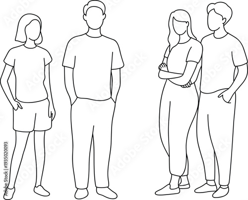 Standing group silhouettes, casual clothing styles, minimalist line art, flat vector