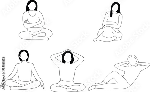 Relaxed seated figures, meditation and reclining poses, minimalist line art, flat vector