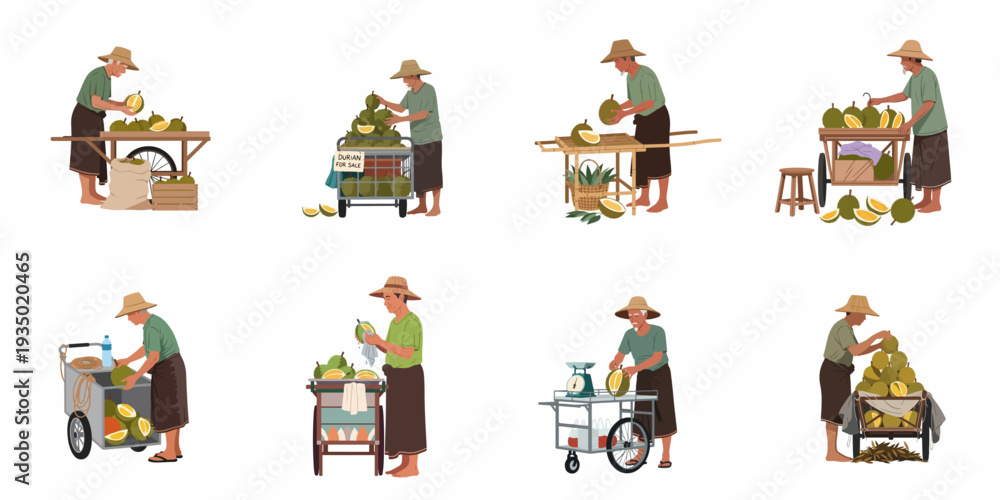 Obraz premium Durian sellers in various traditional and mobile setups, preparing and presenting the exotic fruit for sale at an Asian street market.