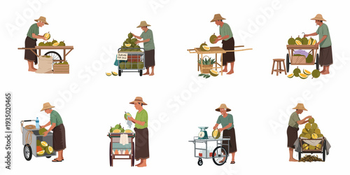 Durian sellers in various traditional and mobile setups, preparing and presenting the exotic fruit for sale at an Asian street market.