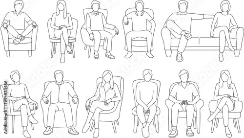 Seated posture variations, diverse chair positions, minimalist line art, flat vector
