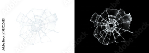 Billede på lærred Broken glass shatters on white and black backgrounds cracked destruction