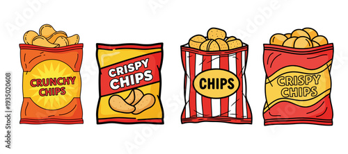 Set of Crispy Potato Chip Bag Illustrations for Snack Food Branding and Confectionery Graphic Design