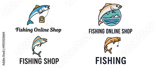 Professional Fishing Online Shop Logo Design Set Featuring Leaping Fish and Angling Equipment for Outdoor Retail and Sport Fishing Branding
