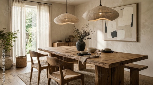 The Wabi-sabi style dining room features a natural wood table, linen pendant lights, and minimalist modern furnishings.