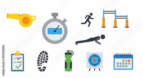 Sports icons set including whistle, stopwatch, hurdles, and more.