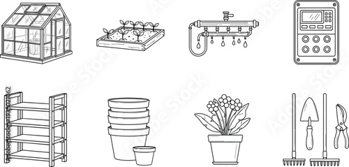 Gardening tools and greenhouse line icons vector set with plant pots rack irrigation and garden equipment