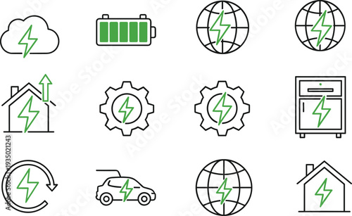 Electric, energy, power, battery, renewable, technology, green, electricity, charging, smart, grid, eco, environment, sustainable, vector, icons, collection, climate, innovation, electricity