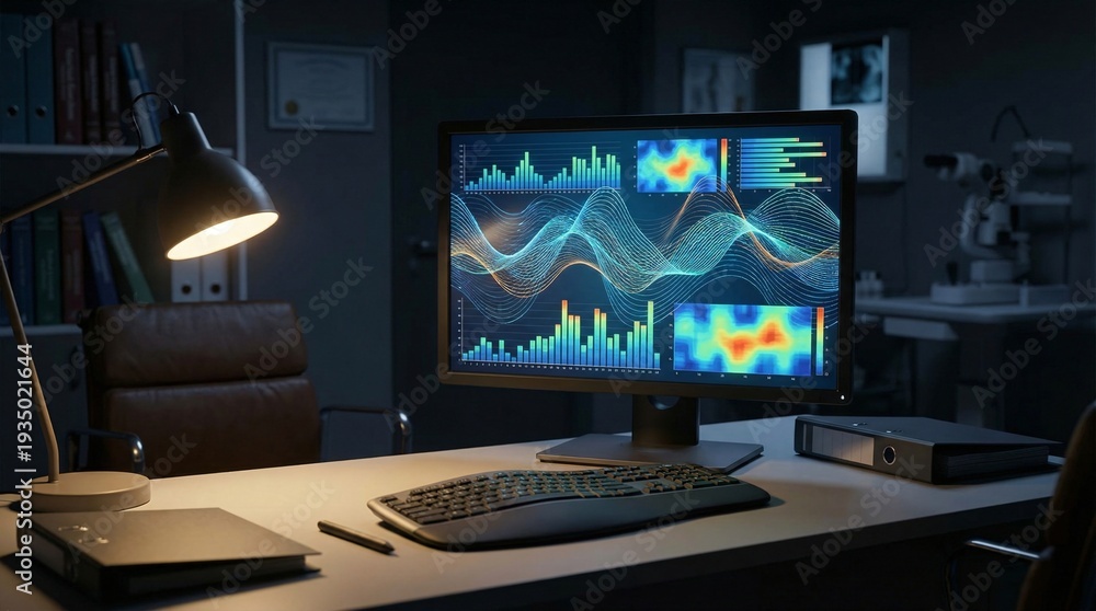 Naklejka premium Modern computer monitor and LCD TV screen on a desktop workstation in an office setting