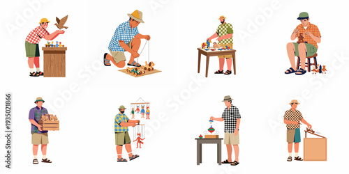 Various people enjoying traditional wooden toys, demonstrating craftsmanship, assembly, and classic play activities.