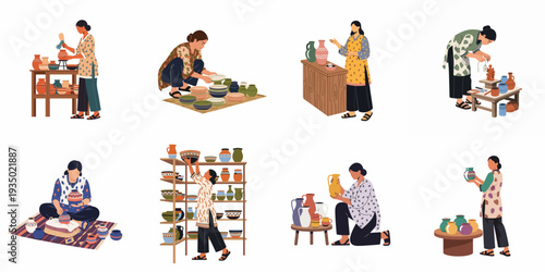 Women artisans crafting and selling traditional pottery and ceramics, showcasing handmade artistry and cultural heritage.