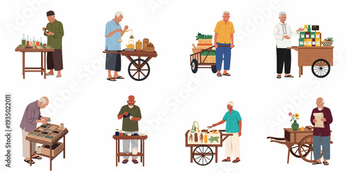 Authentic portrayals of older Asian men as traditional street vendors, selling herbal medicines, spices, and natural products from market stalls and mobile carts.