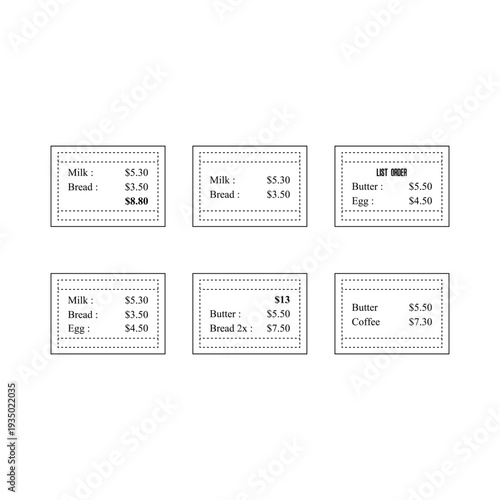 A collection of six rectangular price tags, each featuring different grocery items like milk, bread, butter, eggs, and coffee, along with their respective prices, some with calculations