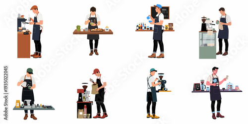 Illustrative set of diverse male baristas crafting hot and cold beverages in a modern coffee shop environment.