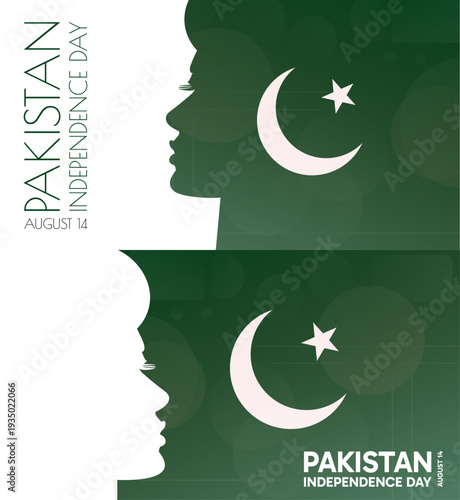Pakistan Independence Day banner pack. Vector illustration with flag colors, person silhouette for web panel, event, social media post. Patriotic celebration backdrop, background
