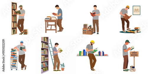 Diverse men engaged in reading and browsing books in various library and bookstore settings, illustrating a passion for knowledge and learning.