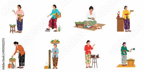Flat illustration of Indonesian women in traditional kebaya and batik, performing daily activities like preparing food, offering, and selling traditional delicacies.