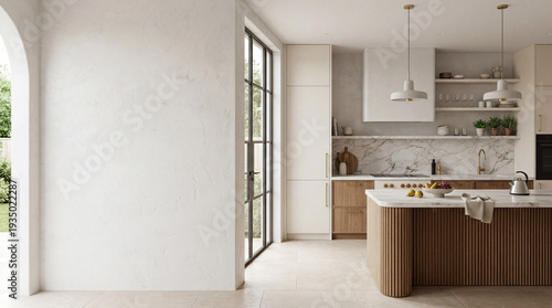  Modern Contemporary kitchen room interior .white and cream color material 3d render 