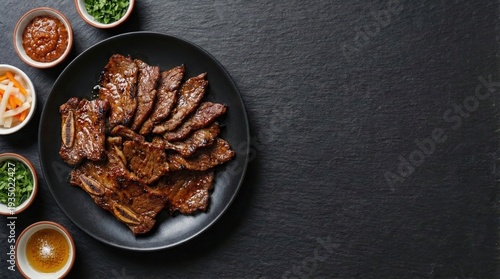 Grilled korean beef ribs galbi top view food photography on black stone background