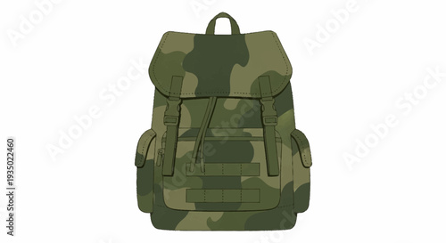 Camo backpack with multiple pockets and straps.