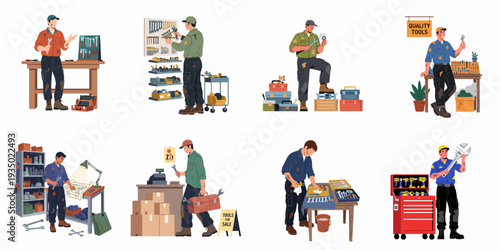 Collection of diverse male workers engaged in repair, maintenance, and retail of tools and hardware, showcasing various roles in the trade industry.