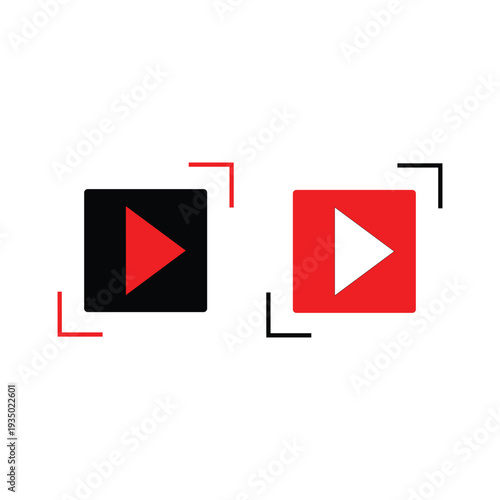 Two distinct play button icons, one with a red triangle on a black square and the other with a white triangle on a red square, both enclosed by focus frames.