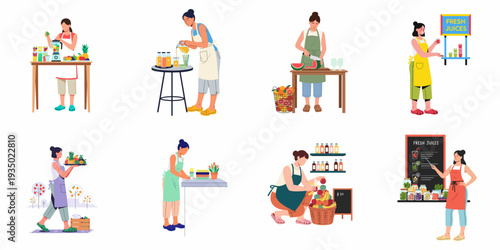 A collection of women preparing and selling fresh fruit juices, showcasing various stages of healthy drink production and small business operation.