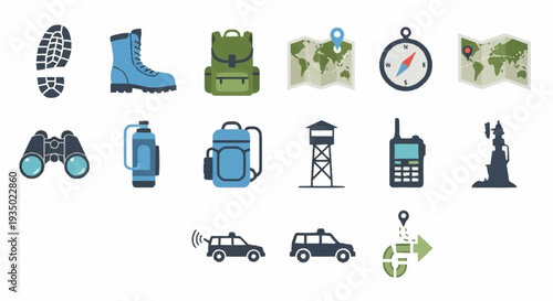 Collection of Travel and Adventure Icons Featuring Maps and Navigation Tools.