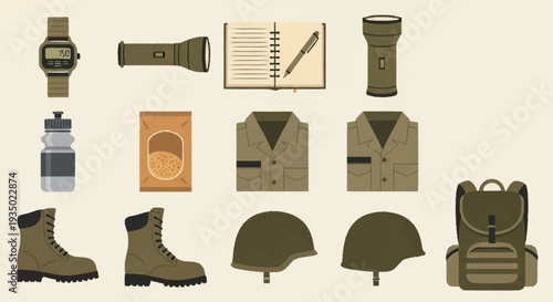 Military uniform and equipment set illustration.