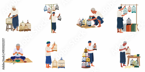 Elderly craftsman meticulously creating and displaying traditional handcrafted bird cages, showcasing a timeless Asian artisan tradition with dedication.