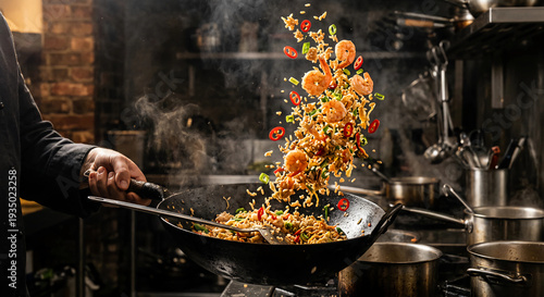 Nasi goreng being tossed upward from black wok, rice grains, shrimp, chili slices and scallions frozen mid-air,