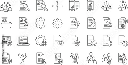 Hand Drawn Human Resources Icon Set with Resume Documents Recruitment Team Management and Hiring Outline Vector Collection
