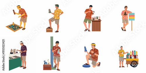 Diverse Illustrations of Balinese Men Engaging with Traditional Crafts and Cultural Artifacts: Artisans, Vendors, and Souvenirs in a Vibrant Setting