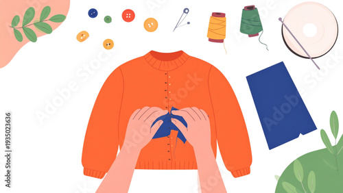 Clothing repair and sewing concept with hands stitching torn sweater, DIY garment mending tools flat vector illustration