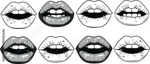 Lips and mouth expressions hand drawn vector set with lipstick kiss beauty fashion illustration